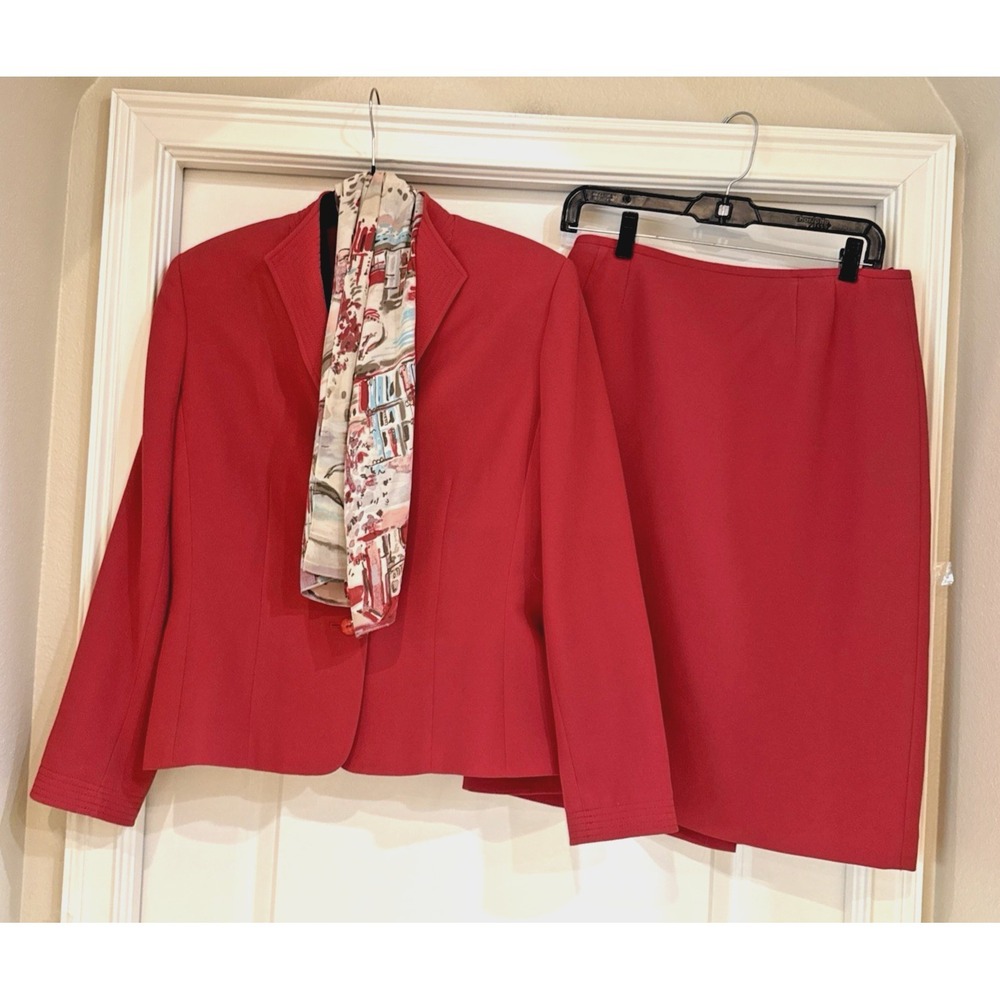NEW Vintage Le Suit Red/Orange Blazer Skirt & Scarf Suit Set Sz 10 Career Church